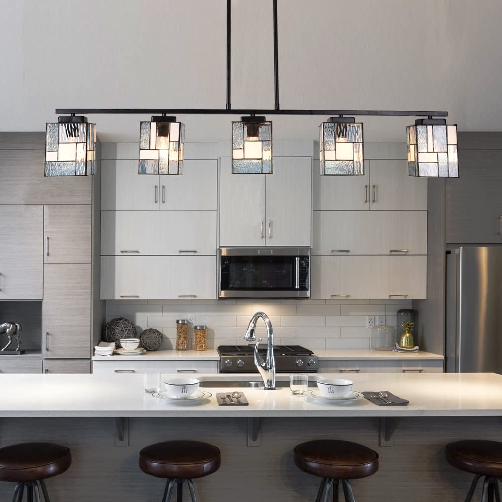 ARTZONE Tiffany Pendant Light Fixture[5 Lights][51''Wide*Adjustable Height] Stained Glass Tiffany Hanging Chandelier for Kitchen Island Dining Room(Blue)