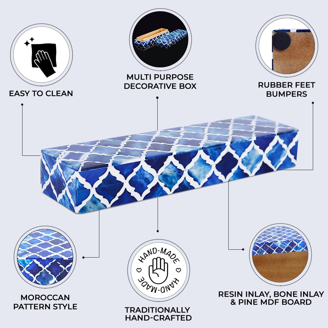 Handicrafts Home Decorative Storage Box with Lid, Moroccan Remote Control Holder Box, Slim Coffee Table Storage Organizer, Bone Inlay Resin Wooden Desk Shelf Storage Box, Blue, 10 x 2.5 x 1.5