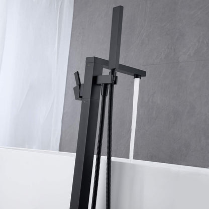 Wowkk Freestanding Bathtub Faucet Tub Filler Black Floor Mount Bathroom Faucets Brass Single Handle with Hand Shower