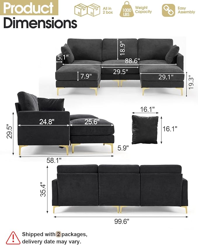 Karl home 99.6" Sectional Sofa, U-Shaped Chenille Upholstered Couch