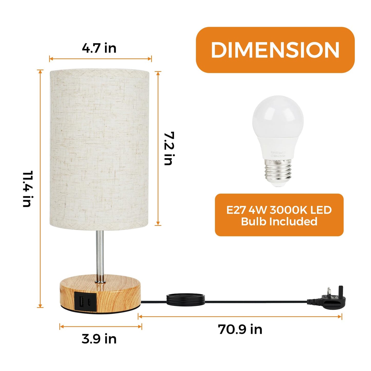 Suright Touch Control Bedside Lamps, 3-Way Dimmable Table Lamp with USB A+C Charging Ports, Touch Lamps Bedside with Linen Fabric Shade, Small Table Lamp for Bedroom Living Room (LED Bulb Included)