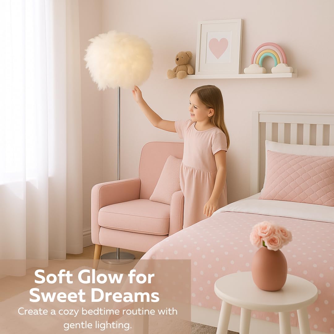 LIGHTACCENTS 69" Luxury Feather Floor Lamp with Chrome Base - Fluffy Cloud Standing Light for Living Room, Bedroom, Nursery, Vanity (White)