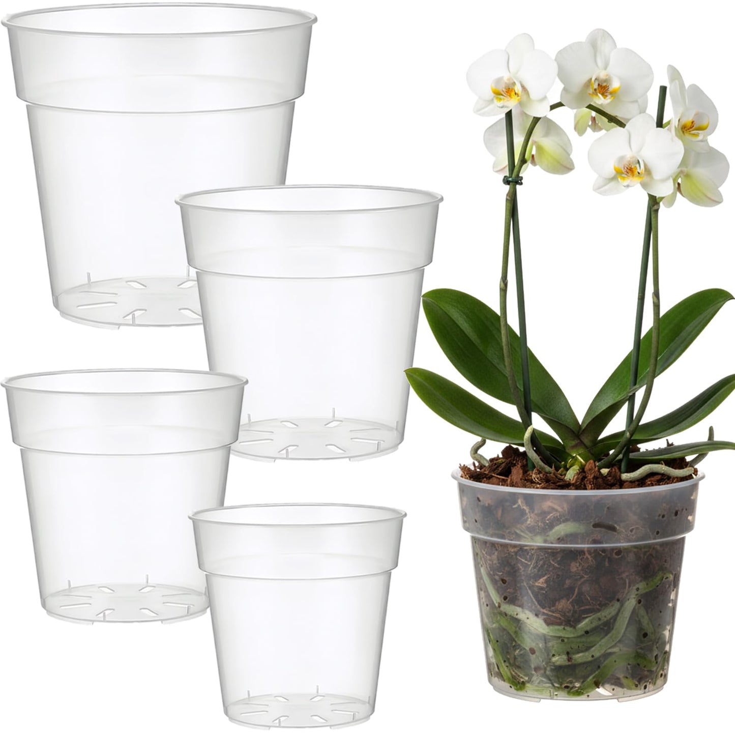Simihiran 12 Pcs 8/9/10/12 Inch Large Clear Nursery Pots with Drainage Holes - Variety Pack Transparent Plant Pots for Orchids Succulents Indoor Outdoor Root Health