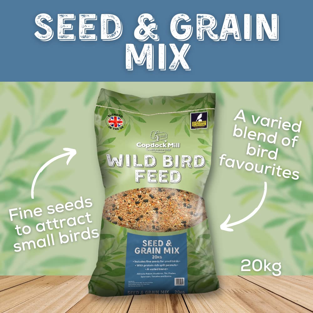 Copdock Mill Wild Bird Seed & Grain Mix 20kg Bag All Year Round High Energy Wild Bird Food 100% Natural Ingredients Including Sunflower Seeds and Peanuts