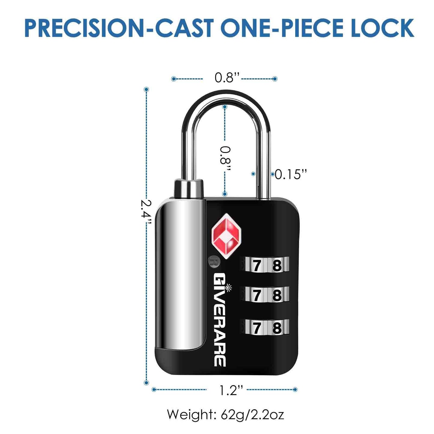 2 Pack TSA Approved Travel Luggage Locks, Suitcase Metal Combination Lock, Alloy Keyless 3-Digit Zipper Padlocks, TSA Accepted Compatible Padlock for Gym Locker, Golf Bag Case, Backpack-Black