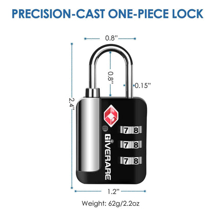 2 Pack TSA Approved Travel Luggage Locks, Suitcase Metal Combination Lock, Alloy Keyless 3-Digit Zipper Padlocks, TSA Accepted Compatible Padlock for Gym Locker, Golf Bag Case, Backpack-Black