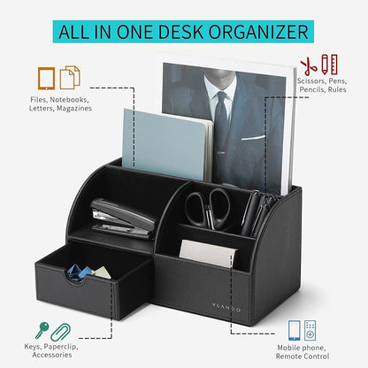 Vlando Office Supplies Desk Organizer Caddy, Desktop Hanging File Letter Document Storage Holder with Drawer Organizer Section for Office Home (Black)