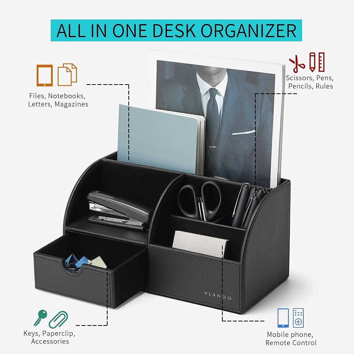 Vlando Office Supplies Desk Organizer Caddy, Desktop Hanging File Letter Document Storage Holder with Drawer Organizer Section for Office Home (Black)
