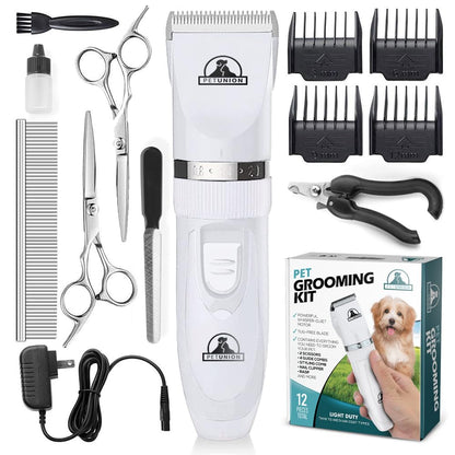Pet Union Professional Dog Grooming Kit - Rechargeable, Cordless Pet Grooming Clippers & Complete Set of Dog Grooming Tools. Low Noise & Suitable for Dogs, Cats and Other Pets (White)