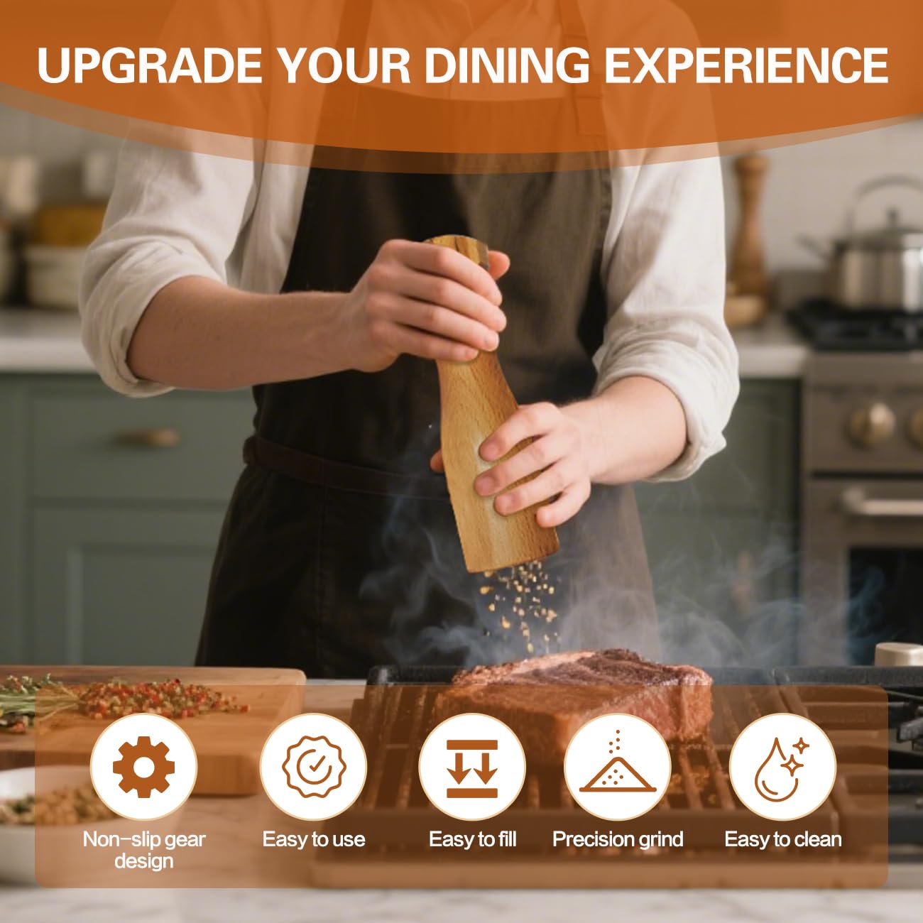 Wooden Salt And Pepper Grinder Set –【Gear-Shape Knob & Effortless Grinding】8 Inch Manual Refillable Pepper Grinder Set (2)