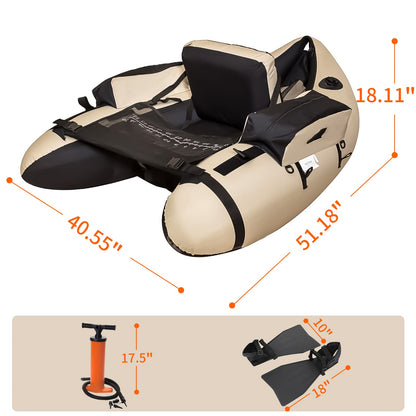Xproutdoor Fishing Float Tube with Adjustable Backpack Straps, Storage Pockets, Fish Ruler, Fly Fishing Boat with Pump, Oar, Rod Holder and Mount, Fins, 350LBS Load Bearing Capacity, FT003,Khaki