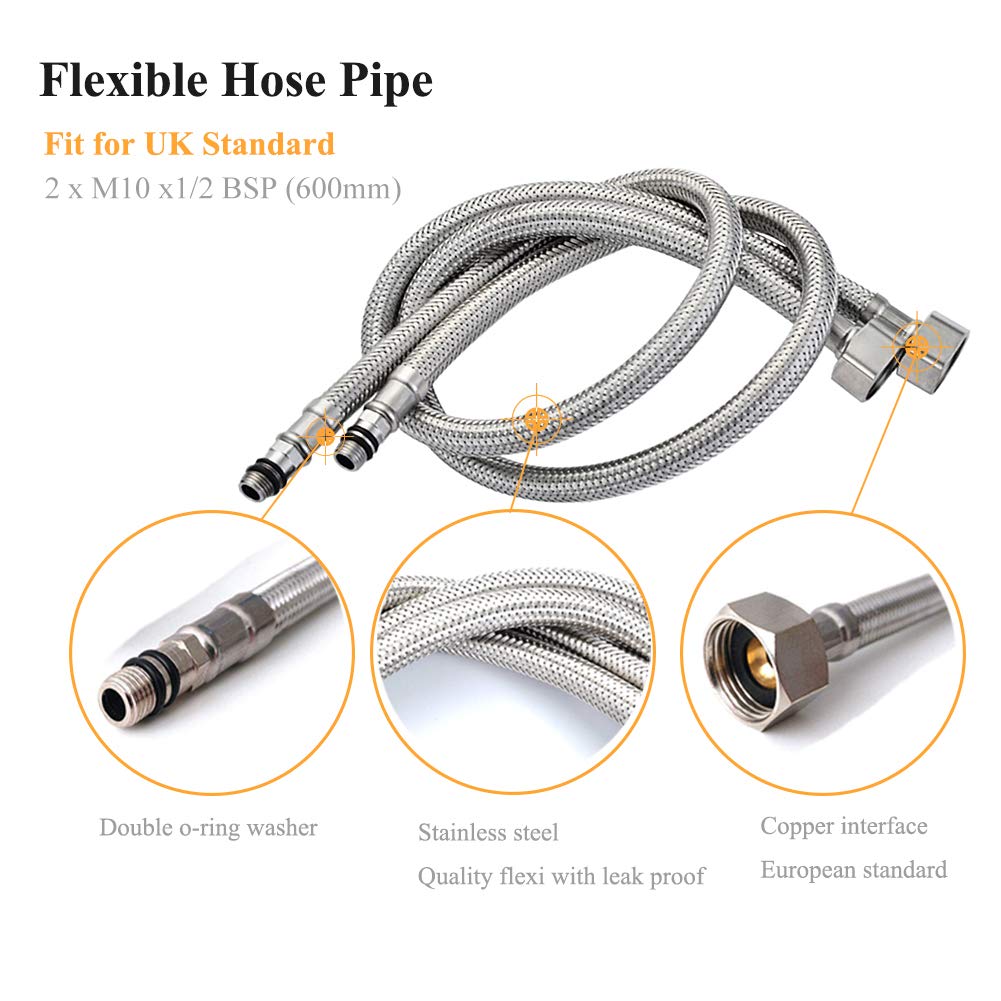 Pack of 2 Kitchen/Basin Monobloc Mixer Tap Connectors Flexi Pipes Tails British Standard Pipe M10 x1/2 Fitting 600mm Long