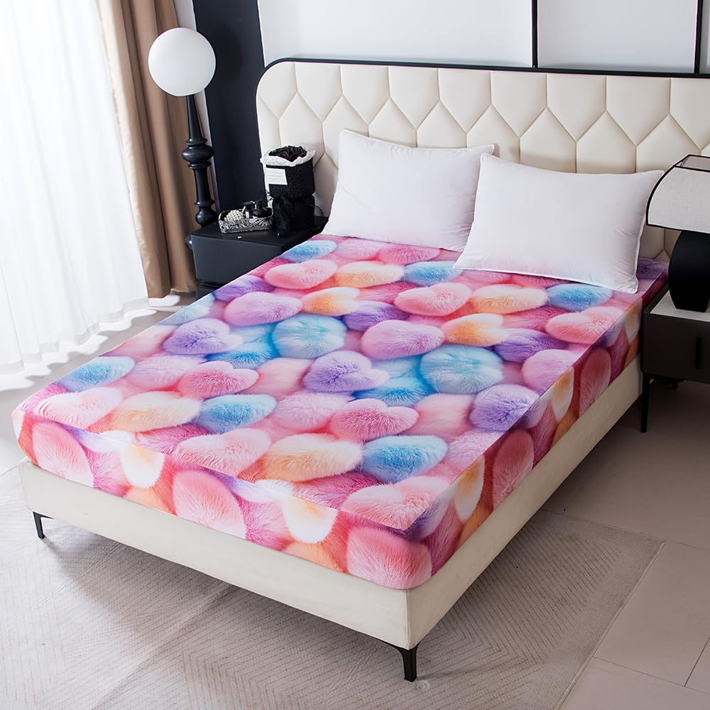 NATURETY Bedding Fitted Sheet with Deep Pocket,3D Pattern Sweet Heart Printed Fabric Bed Sheets (Pink Heart, Queen)