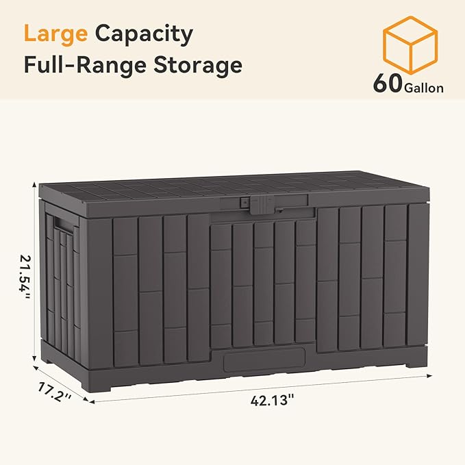 NEWBULIG 60 Gallon Deck Box, Waterproof Outdoor Storage Box with Lockable Lid, Patio Furniture Bench & Side Table, Outside Storage Container, Tool-Free Assembly, for Garden, Pool, Brown
