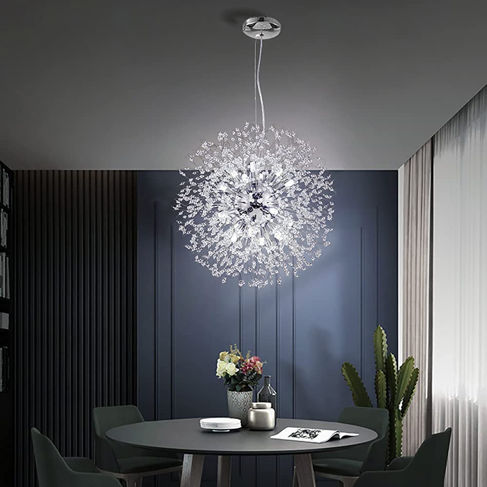 Mivenda Modern Crystal Chandeliers 16-Light Chrome Dandelion Light Fixture,Firework Chandelier,Personalized Ceiling Hanging Lighting for Living Room,Dining Room,Kitchen,Bedroom Chandelier