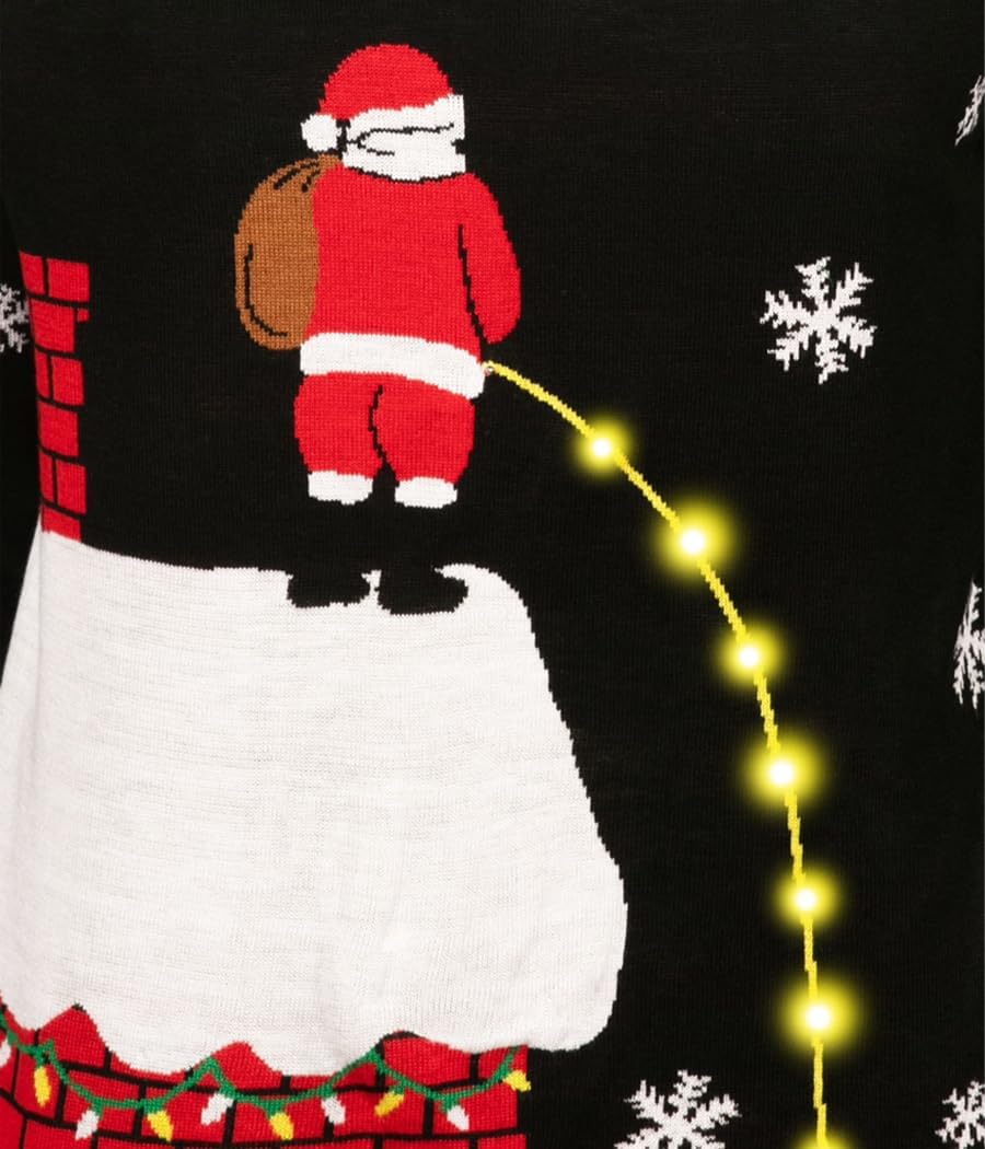 Tipsy Elves Men's Light Up Ugly Christmas Sweater Leaky Roof Santa Taking a Leak LED Pullover Size XX-Large