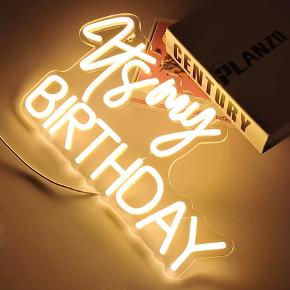 Planzo It's My Birthday Led Neon Light Sign Happy Birthday Party Wall Sign Decor Window Background Sign USB Bedroom Living Room Neon 5V Night Light Kids 15.8" X 9.1" Warm White
