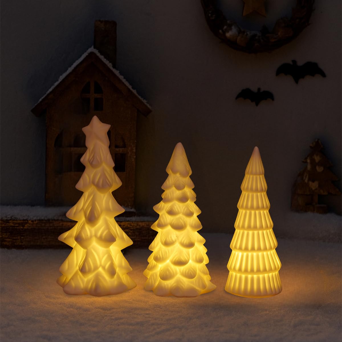 Dlfghos Lighted Ceramic Christmas Tree Decor 3Pcs Small White Christmas Trees with Lights Xmas Tree Figurines for Tabletop Mantel Shelf Fireplace Holiday Decorations for Home and Gift