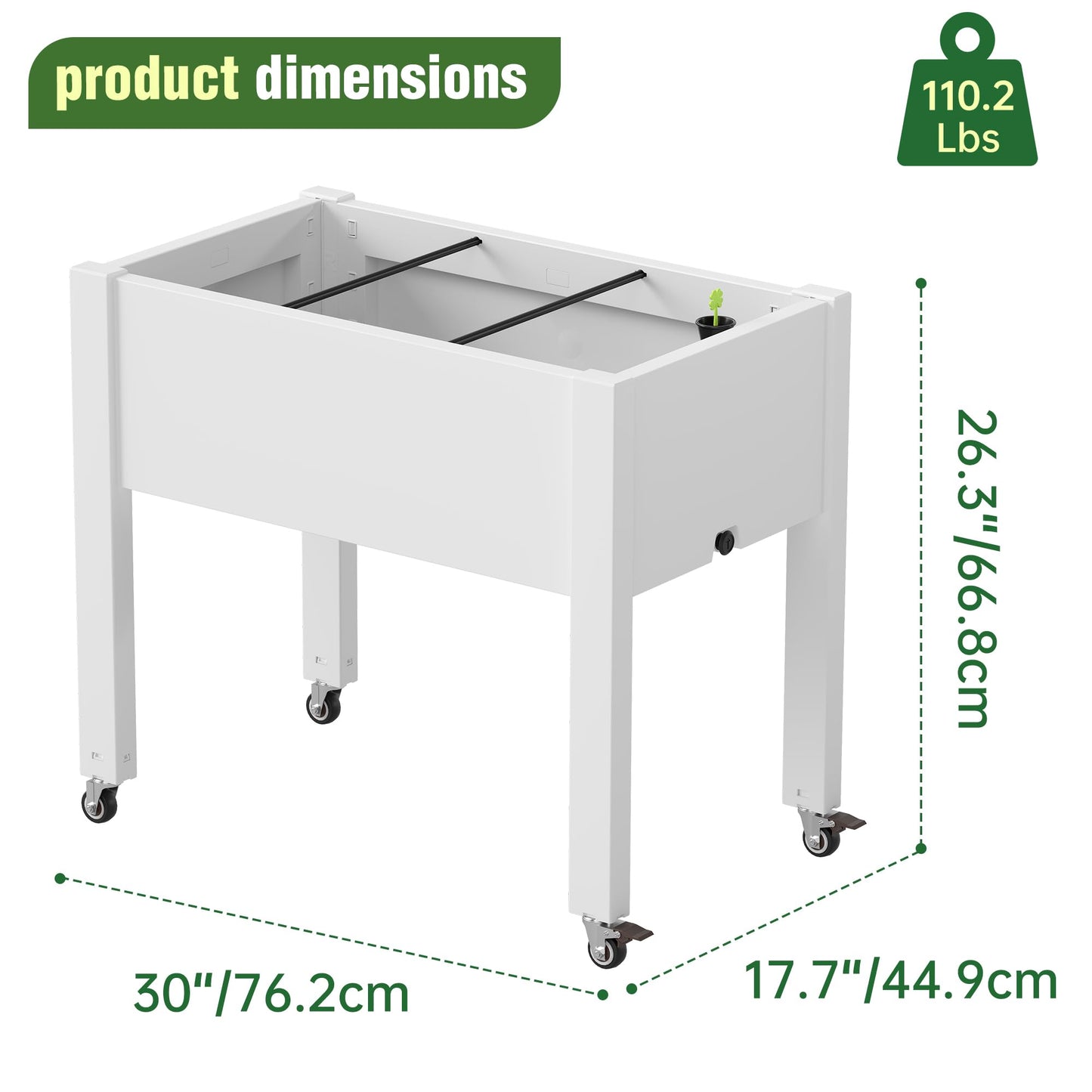 WTFGO Elevated Raised Garden Bed with Wheels - Outdoor Mobile Resin Planter Box with Drainage Holes for Vegetables Flower Herbs, Weather Resistant, White (26.3" h)