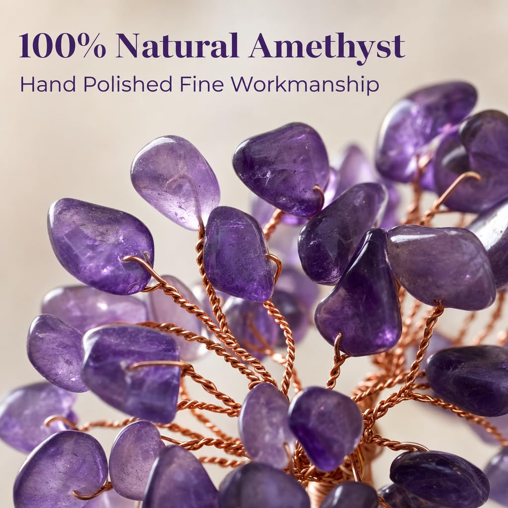 Fatonio Natural Small Amethyst Money Tree Crystal, Handmade Crystal Feng Shui Decor, Positive Energy Wealth Luck Statue Crystal Tree for Home Office Shop Cashier, Ideal Lucky Gift for Women Friends