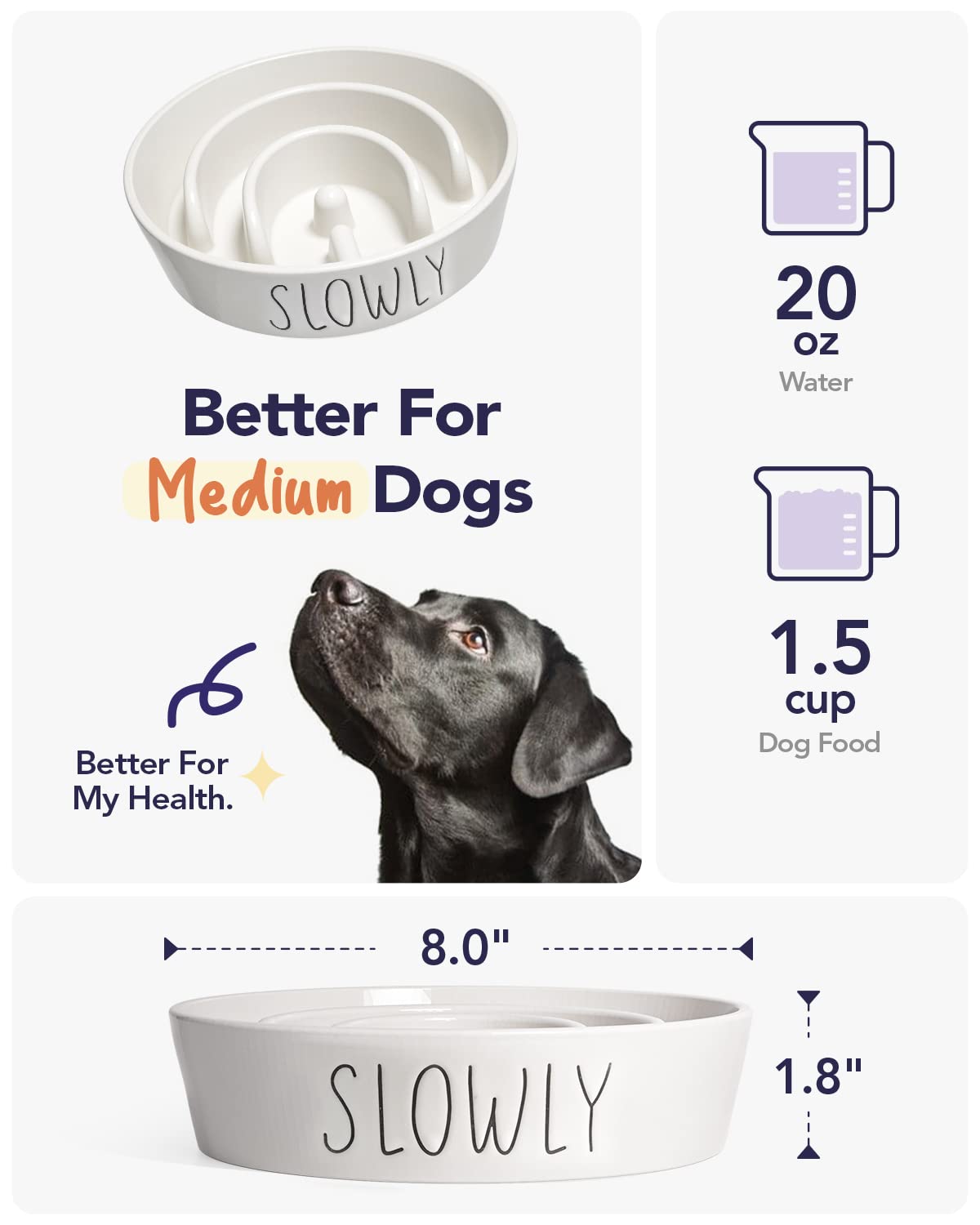 Slow Feeder Dog Bowl - 1.5 Cups Ceramic Puzzle Feeder for Small & Medium Breeds, Maze Design Bowl for Puppy & Fast Eaters, White Pet Dish to Control Eating Speed