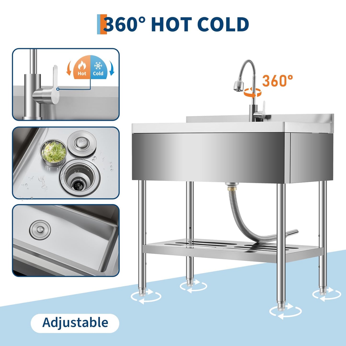 Garvee 36" Stainless Steel Utility Sink Workstation with Faucet, Adjustable Height Freestanding Sink with Storage Drawer, Knife Rack, Hooks & Drain Kit for Kitchen, Laundry, Garage, or Outdoor Use