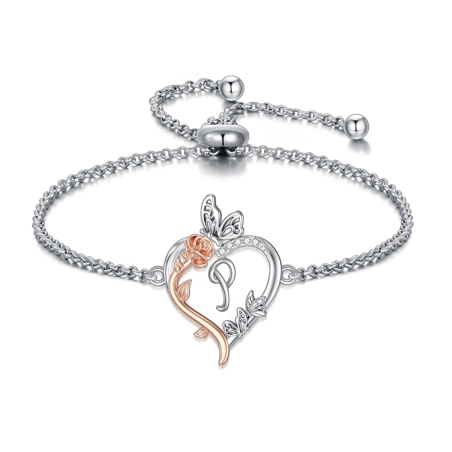 TOUPOP Rose Heart Bracelet for Women Sterling Silver Heart Initial P Letter Bracelet Butterfly Love Jewelry Anniversary Birthday Mothers Day Gifts for Mom Wife Her Girlfriend