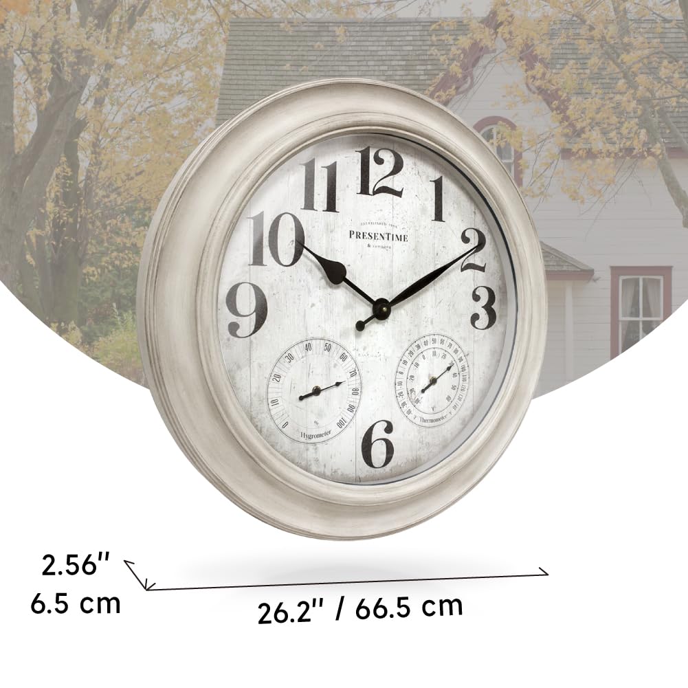 Presentime & Co. 26" Clifton in/Outdoor Farmhouse Clock with Thermometer & Hygrometer as All in One Weather Station, Farmhouse Wall Art and Timepiece for Home Decoration, Weathered White Finish