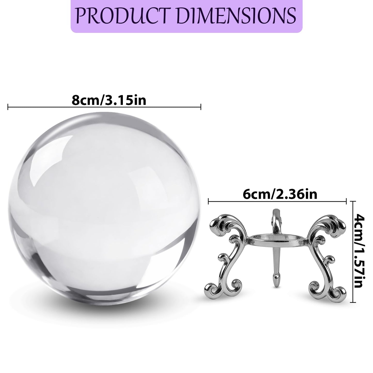 Zerelys Sparkling Clear K9 Crystal Sphere Ball with Stand, 80mm Clear Reflective Photography Prop, Sparkling Handcrafted Crystal Ball for Magical Shots, Elegant Home Decor Gift for Women(3.15 Inch)