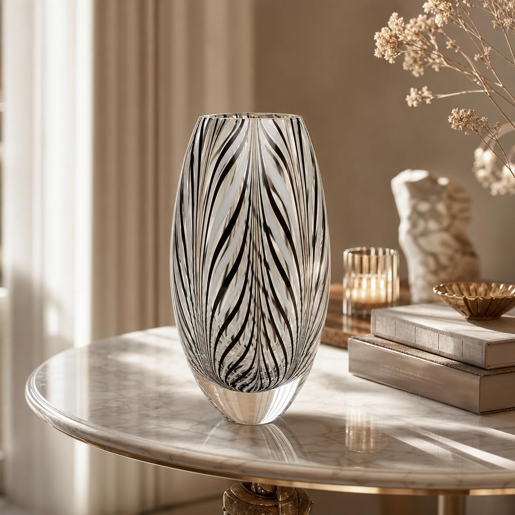 Ca D Oro Murano Style Glass Vase Black and White Feather Pattern Hand Blown Art Glass for Flower, Room Decoration and Centerpiece - Model 54 MS