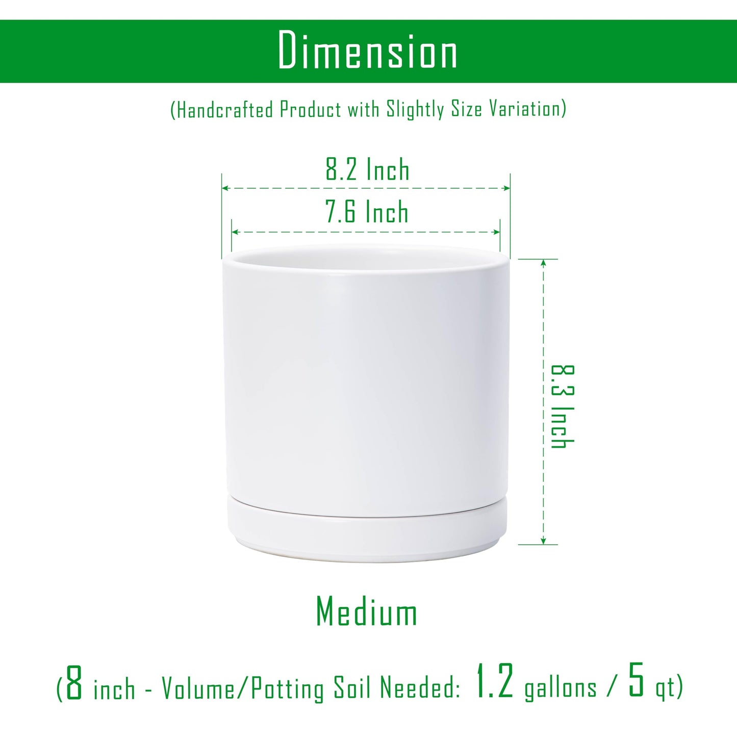 D'vine Dev 8.2 Inch Ceramic Planter Pot with Drainage Hole and Saucer, Indoor Cylinder Round Planter Pot, White, 94-O-D-1