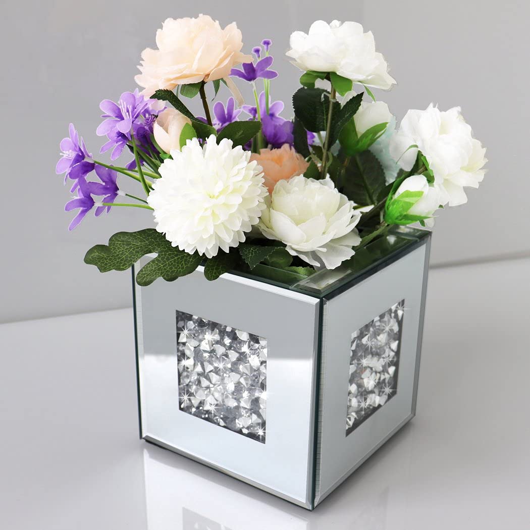 Crushed Diamond Mirrored Vase 6x6x6inch Crystal Silver Glass Stunning Decorative Vase Flower Luxury for Home Decor. Can’t Hold Water.