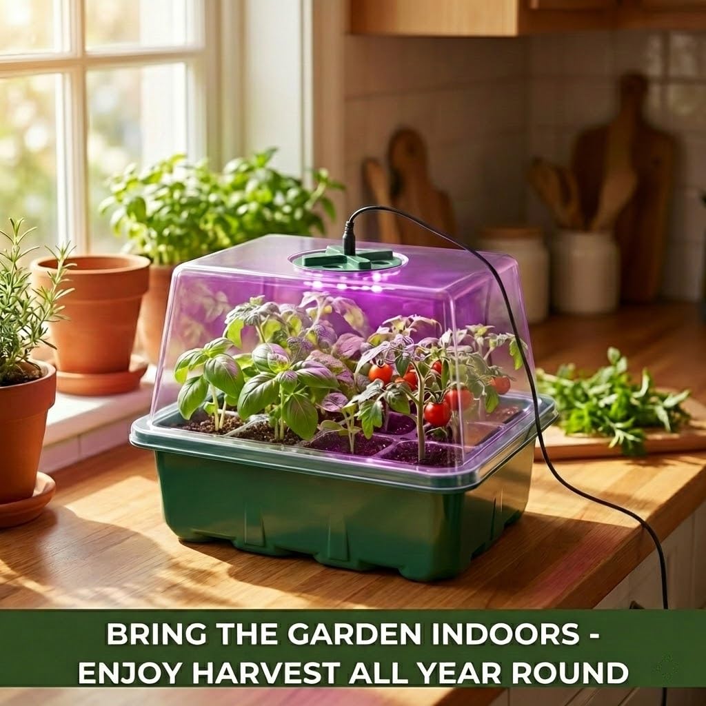 NACNO Seed Starter Kit with Grow Light, Elevated Seedling Tray Kit with Adjustable Humidity Dome and Clear Cell Tray, 12 Full Spectrum Led Beads for Seed Starting Greenhouse, 6 Pack, Green
