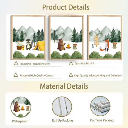 3Pcs Woodland Animal Nursery Canvas wall art Cute Bear Fox Raccoon Poster Print Safari Nursery Wall Decor Forest Animals Camping Campfire pictuer painting Boys Kids Room Home Decoration12*16In Unframed