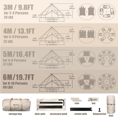 Bell Yurt Tent, Waterproof Luxury 4 Season Hot Tent with Stove Jack/Air Conditioner Vents/2 Skylight for Family Outdoor Camping Oxford Glamping Tents for All Year Living (3M- 97 sq. ft yurt)