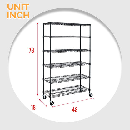 BestMassage Wire Shelving Unit Heavy Duty Garage Storage Shelves Large Metal Shelf Organizer 6-Tier Height Adjustable Commercial Grade Utility Steel Rack with Wheels,18 x 48 x 72 (Black)