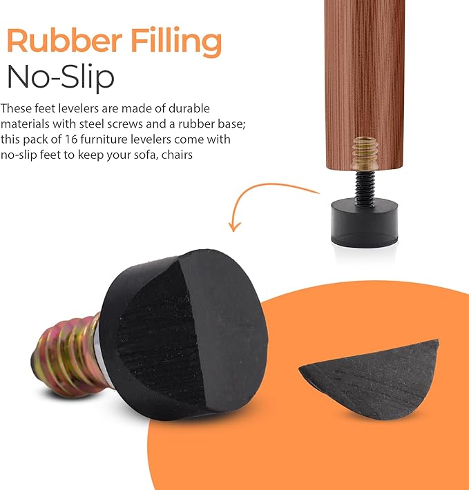 5/16 Rubber Adjustable Furniture Leveler，16 Pack Leveling Feet Screws in