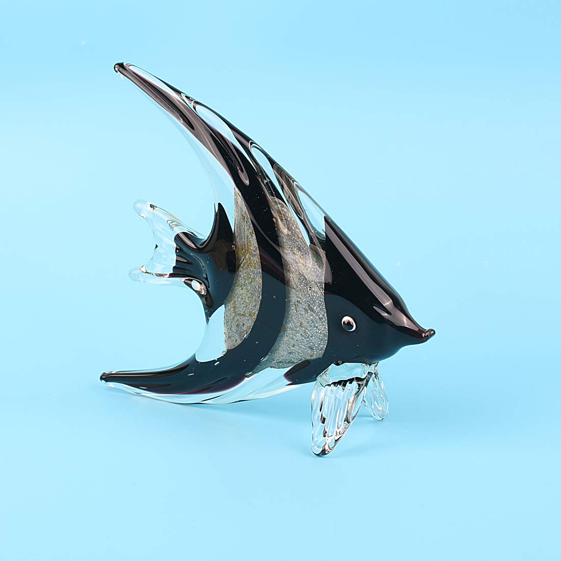 Hophen Art Glass Tropical Angel Swallow Fish Blown Handmade Sea Animal Figurine Sculpture Home Decor Collectible Statue Paper Weight Gift Ornament (Black White)