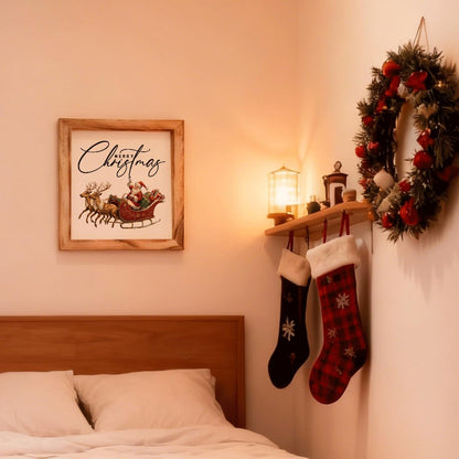 Christmas Wall Decor, Merry Christmas Santa Sleigh Wall Sign, Decorative Wooden Frame Decor, Farmhouse Holiday Art for Living Room Entryway, Framed MDF Hanging Decoration