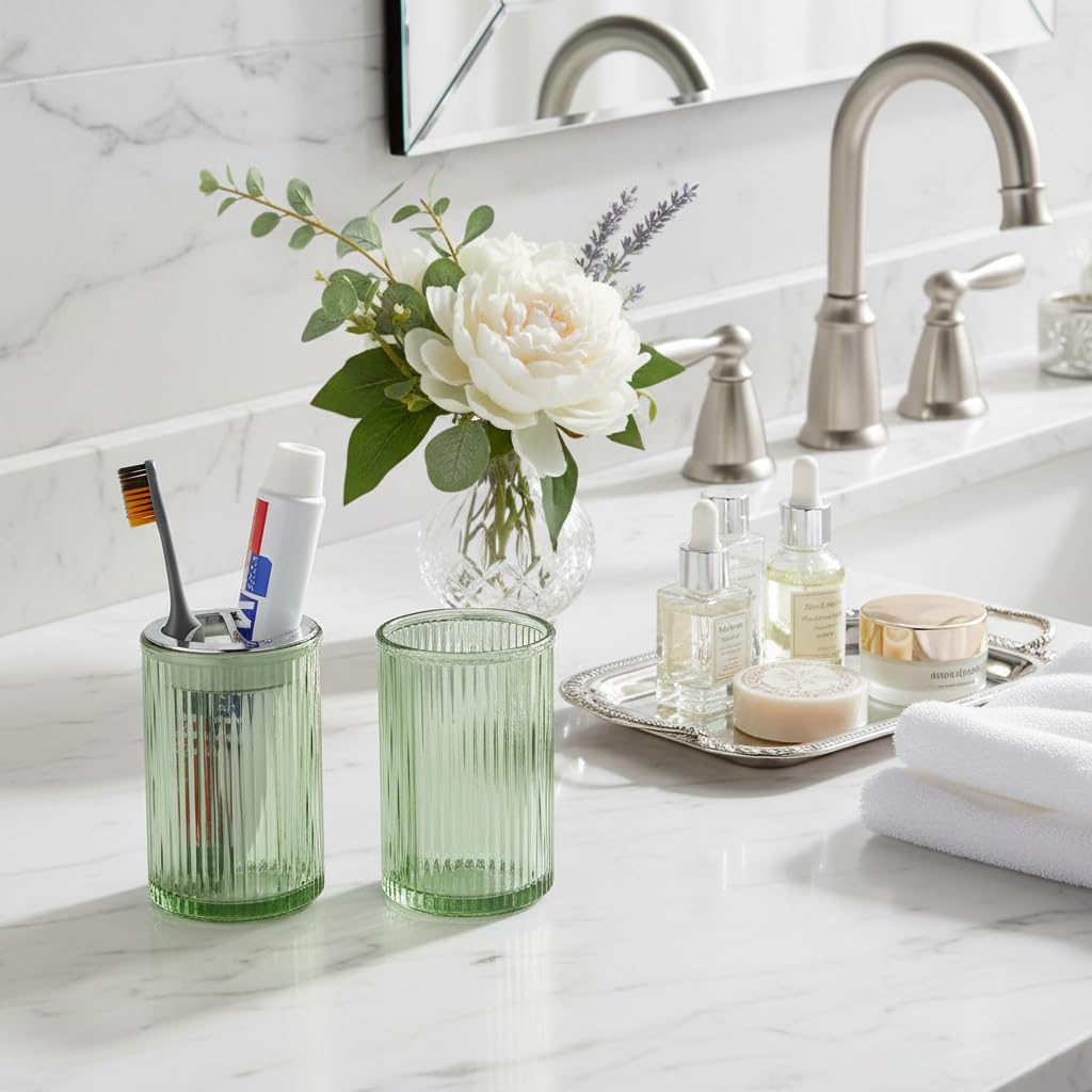 Tonxus Green Toothbrush Holders for Bathrooms, 2pcs Glass Toothbrush Holder and 12oz Bathroom Tumbler Cup Set, Silver Tooth Brush and Toothpaste Organizer for Bathroom Vanity Countertop