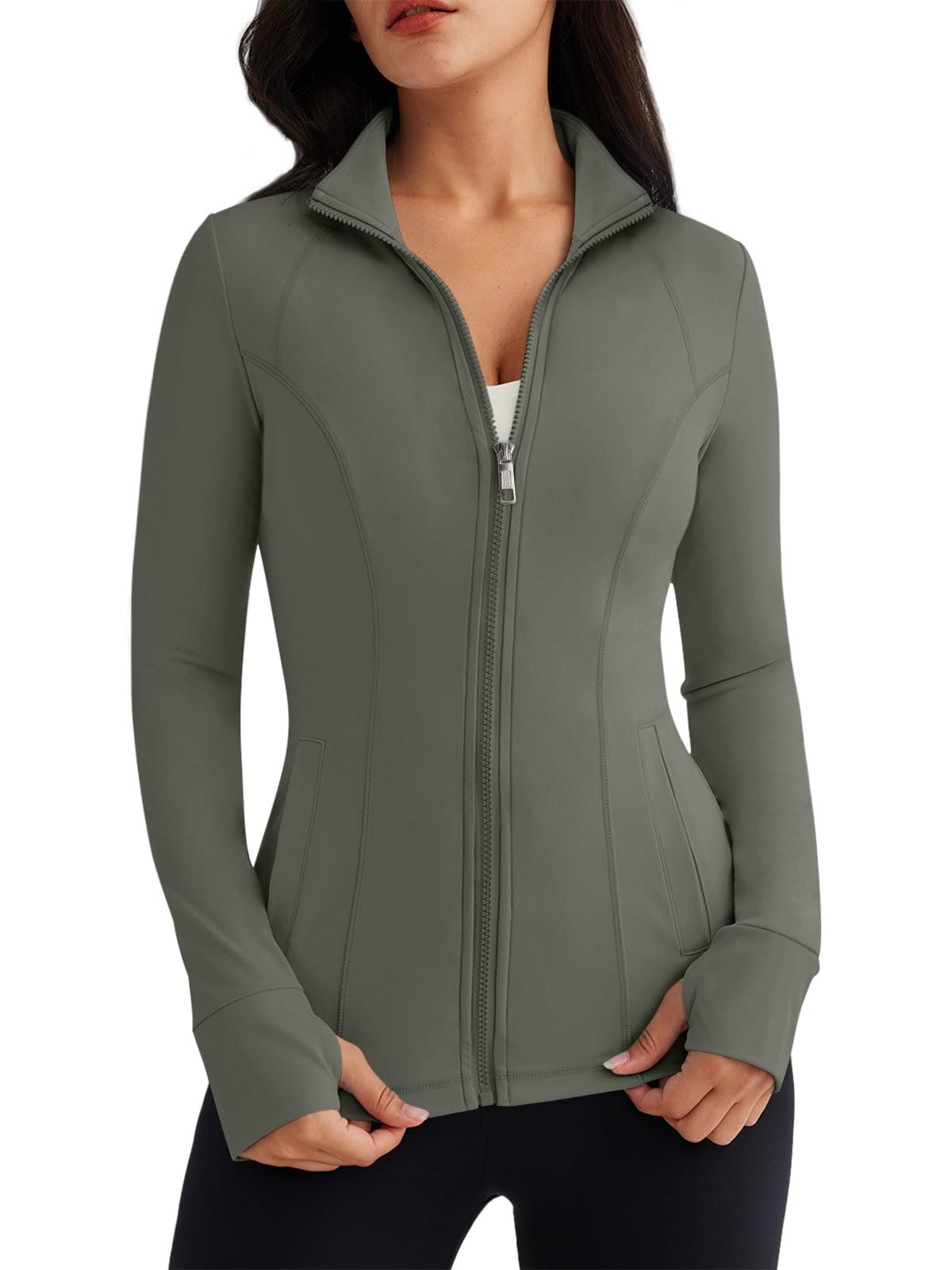 Trendy Queen Womens Lightweight Zip Up Jackets Mock Turtleneck Fall Hoodies Fitted 2025 Athletic Workout Clothes with Pockets ArmyGreen M