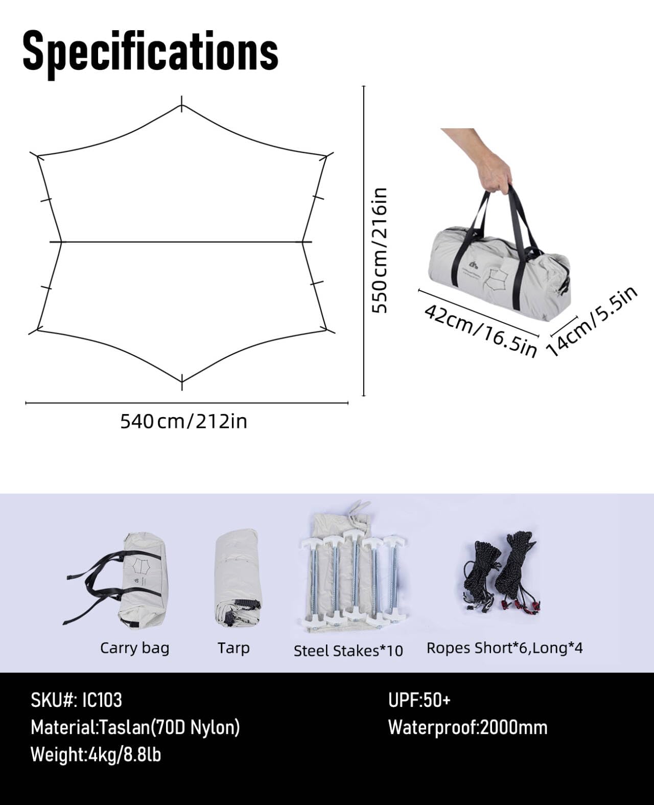 iClimb Waterproof Sun Shield Tarp UPF 50+ for Tent Hammock Camping Backyard Party (Tarp 18' × 17'9")