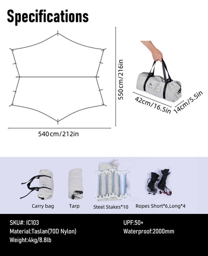 iClimb Waterproof Sun Shield Tarp UPF 50+ for Tent Hammock Camping Backyard Party (Tarp 18' × 17'9")