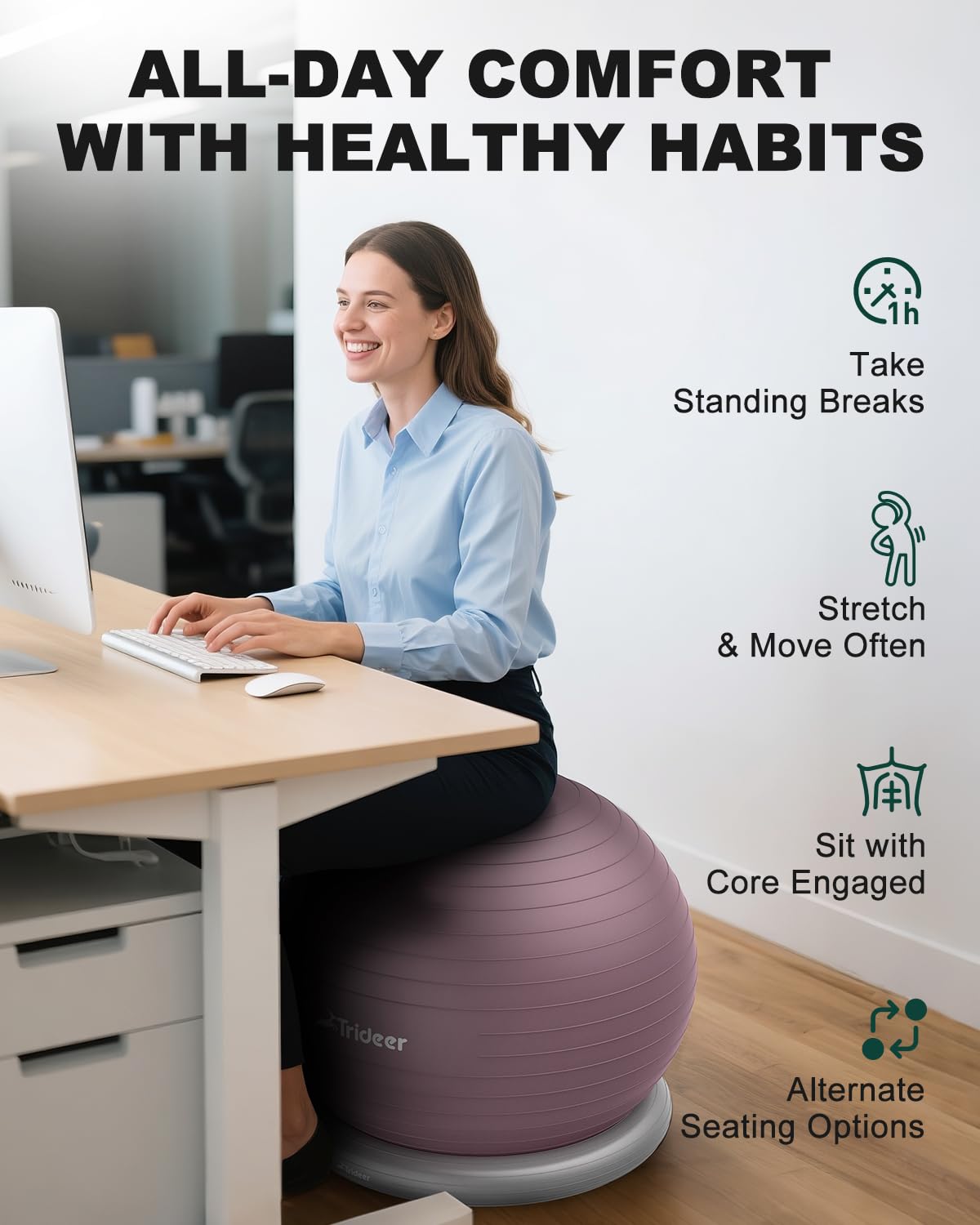 Trideer Exercise Yoga Ball Chair with Base for Home Office Desk, Stability & Fitness Ball Seat to Relieve Back Pain, Home Gym Workout for Abs, Pregnancy Ball with Pump