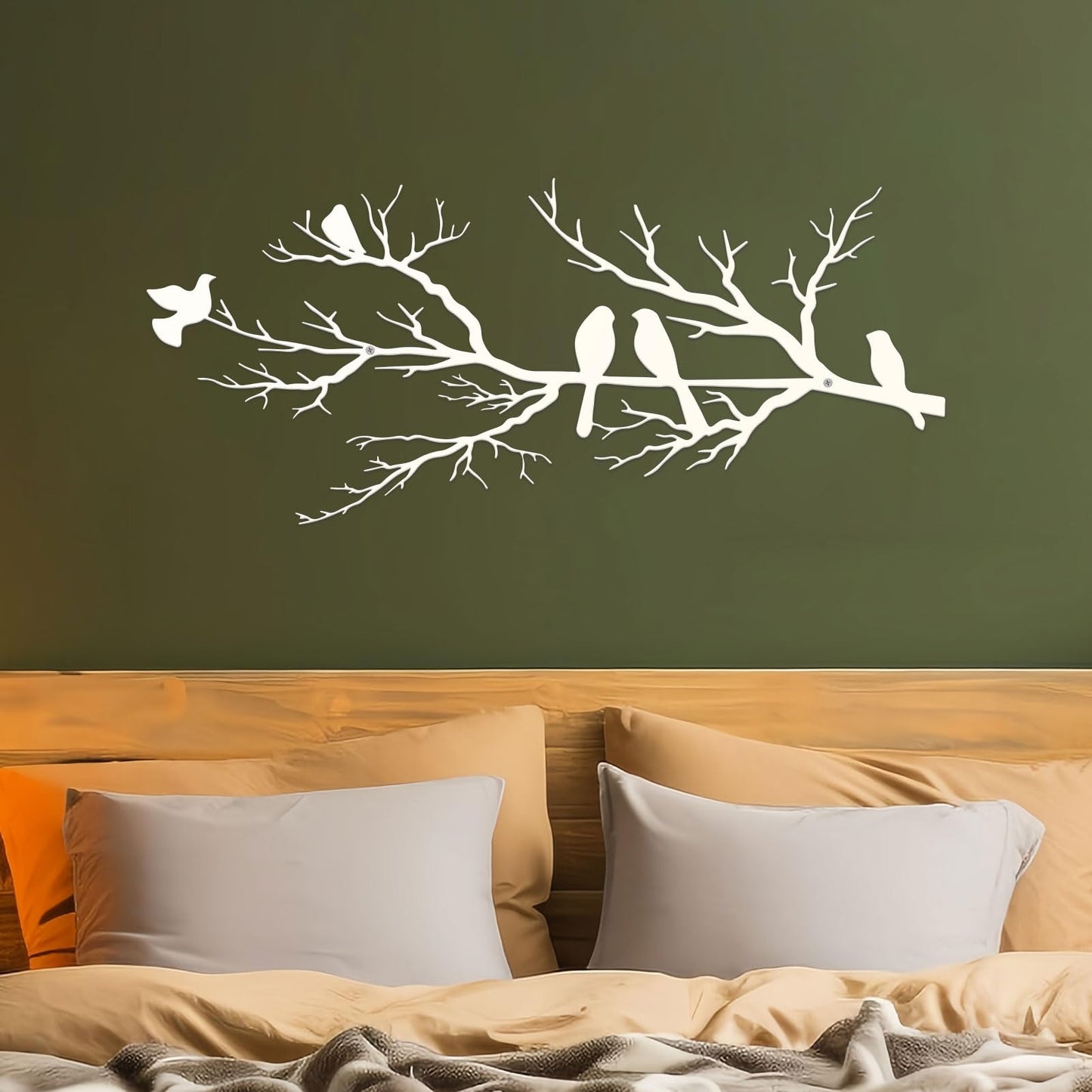 ESTART Metal Birds Wall Art, Metal Vivid Birds on Branch Silhouette Wall Decor White Leaves with Bird Outdoor Hanging Wall Sculpture for Home Living room Bedroom Balcony Garden (White, Large)