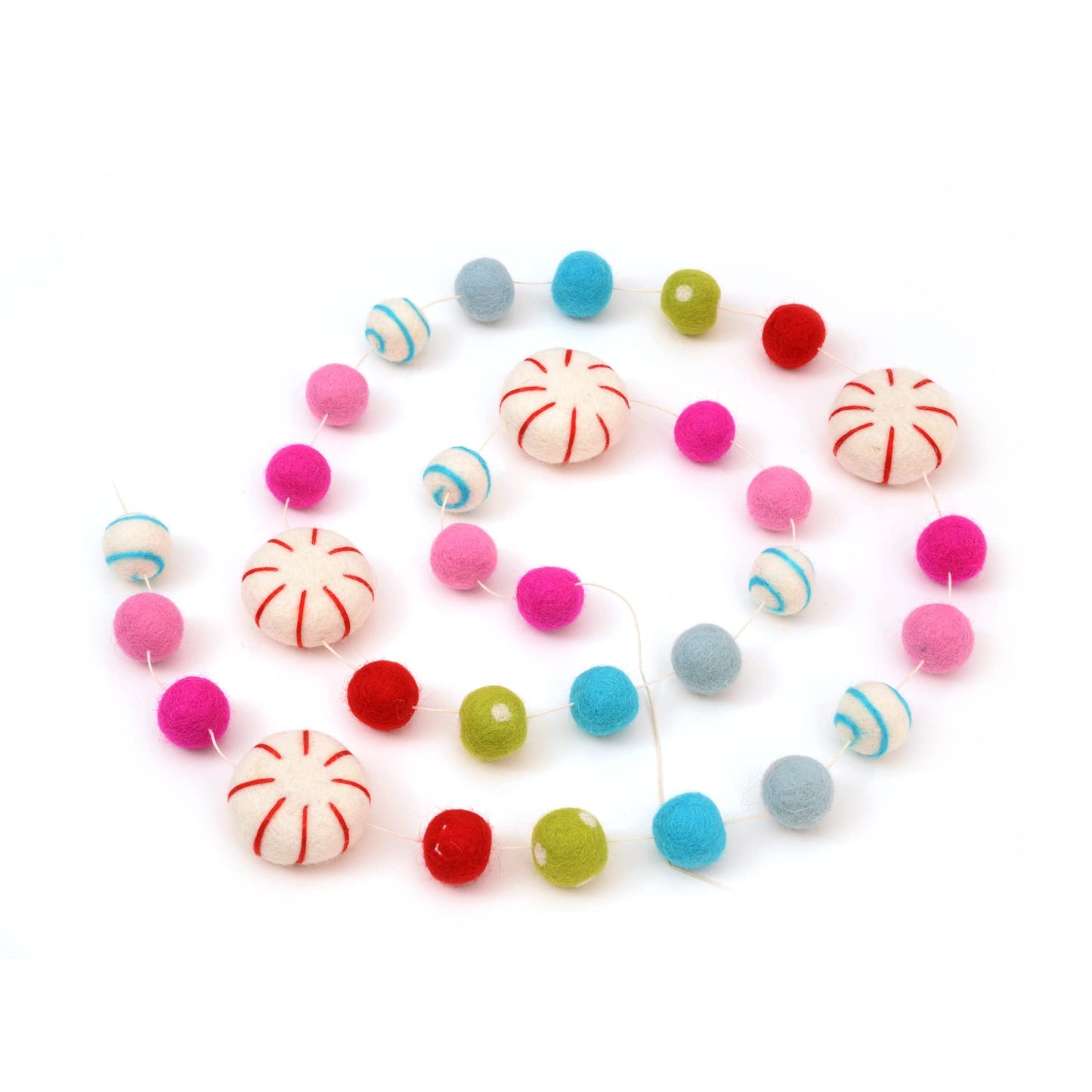 Glaciart One Peppermint Felt Ball Garland - Pompom Holiday Decoration Hand-Made from Natural Wool - Cute Hanging Decor for Christmas Tree, Mantel, Kids Bedroom, Living Room, Nursery - 7 Feet Long