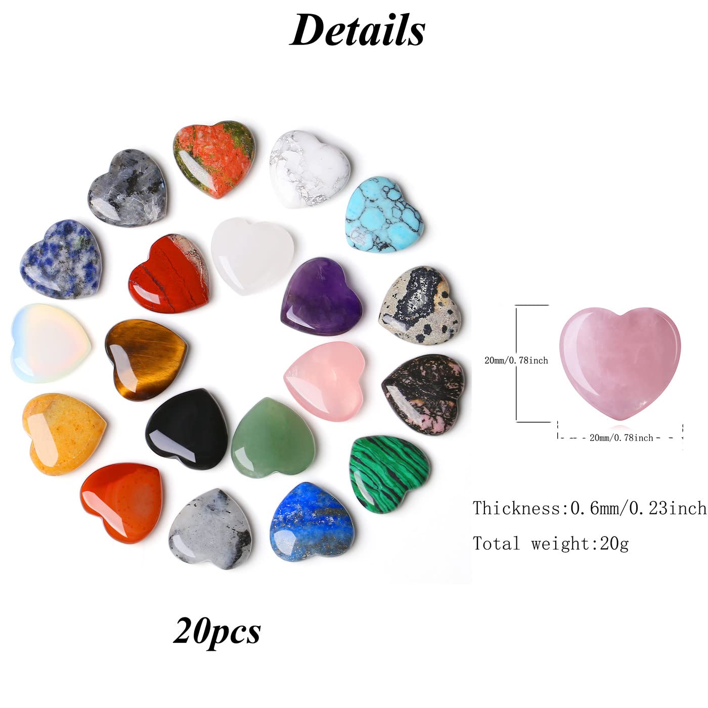 YATOJUZI 20PCS Natural Crystal Hearts Crystals and Healing Stones Heart Gems Gemstones Chakra Pocket Stone Bulk Wholesale Polished Stones Spiritual Gifts for Women Men Valentine's Day Favors