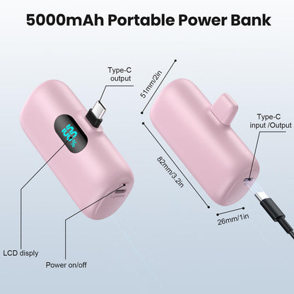Mini Portable Charger USB C Power Bank,Upgraded 5000mAh PD Fast Charging Battery Pack Built-in USB-C Connector,LCD Display,Compatible with iPhone16,16 Plus,16Pro/Max/15,iPad Pro/Air,Android Phone etc