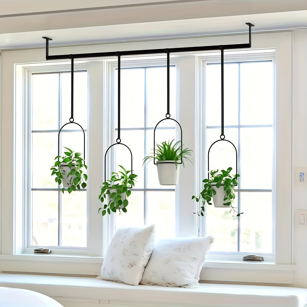 Metal Adjustable Hanging Flower Pots Set with 4 Plastic Pots, Indoor and Outdoor Wall Plant Hanger with Nylon Rope for Windows and Ceiling Herb Garden, 41.4-48 Inches, White and Black