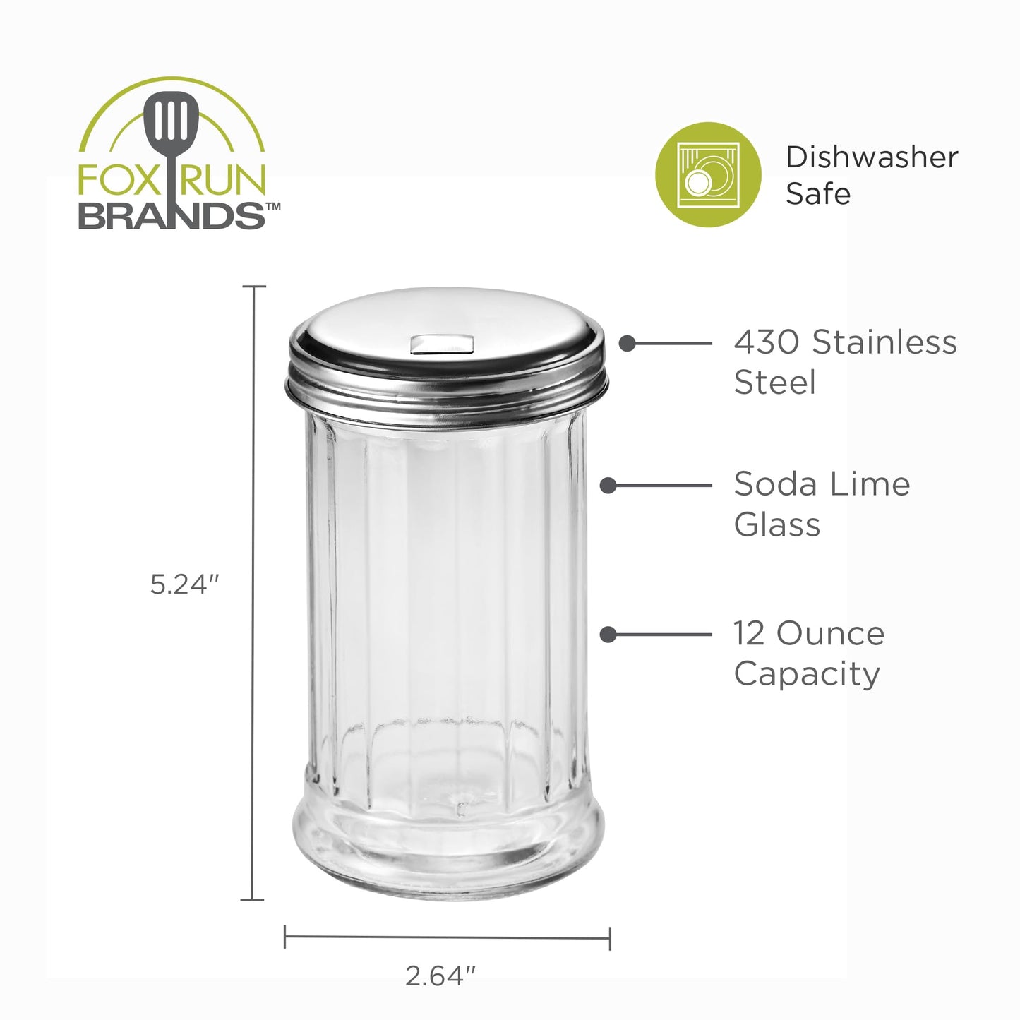 Fox Run Classic Glass Sugar Shaker, 12 Ounce Salt and Sugar Container With Stainless Steel Lid